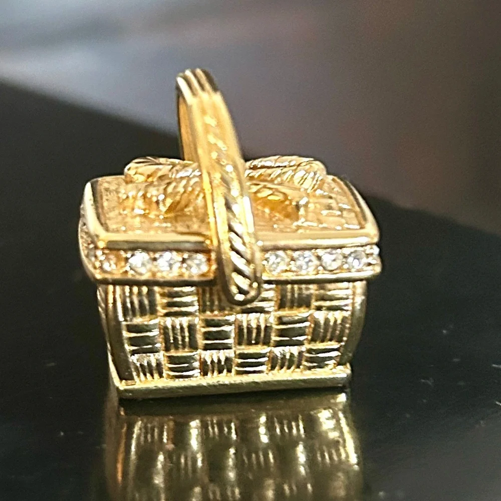 Vintage 1990s Swarovski Picnic Basket Pendant Necklace Gold-Tone & Crystal